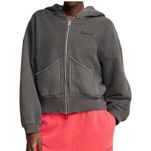 Champion Women's Charcoal reverse weave vintage wash distressed Zip-Up Hoodie M